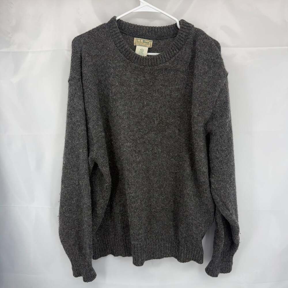 LL Bean Men L Wool Sweater Crew Neck Dark Gray Chunky Knit Long Sleeve Vintage
